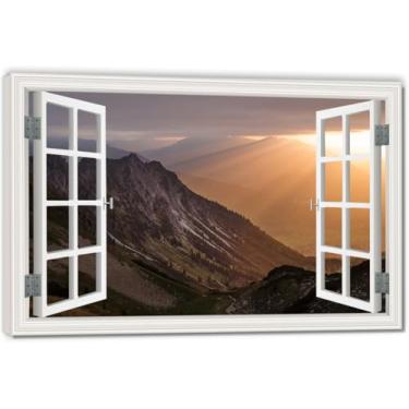 Imagem de Impressão em tela de ilusão de janela falsa com olhos perfurados através da neblina, arte de parede com vista panorâmica real para sala de estar 80 x 120 cm emoldurada