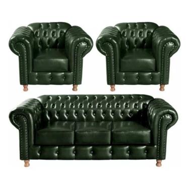 Imagem de Conjunto Sofá 3 Lugares E 2 Poltrona Chesterfield Luís Xv Vintage Retrô Capitonê Couro Verde