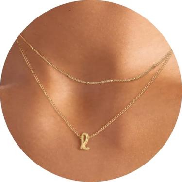 Imagem de Colar feminino com inicial em camadas, pingente de letra A-Z, gargantilha de corrente dupla, joias delicadas em camadas, estilo minimalista, 14+2in/16+2in, Aço inoxidável, Sem Pedra Preciosa