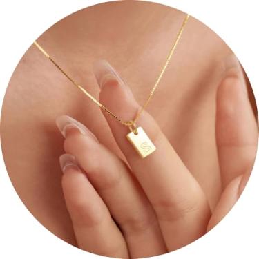 Imagem de Colar com inicial feminina, pingente retangular banhado a ouro 18K, joia mínima de A a Z, colar personalizado, 18+2in, Aço inoxidável, Sem Pedra Preciosa