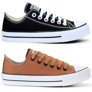 Imagem de Kit 2 Pares Tenis Casual Feminino Masculino All Kalum Star Vulcanizado Confortavel (PRETO + CARAMELO, BR, Adulto, Numérico, 36)