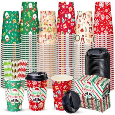 Imagem de Jingmore 48 conjuntos de copos de café de papel de Natal de 473 ml com mangas, tampas e canudos, descartáveis com tema natalino, suco, chá, copos a granel para festas de aniversário, casamento, chá de