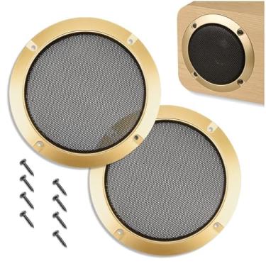 Imagem de Kalevel Capa de grade de alto-falante de 12 cm de metal, capa protetora de grade dourada decorativa para subwoofer de carro com 8 parafusos
