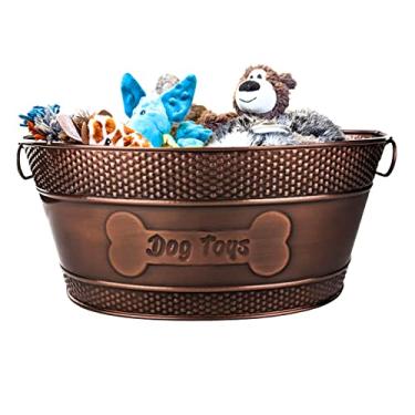 Imagem de BREKX Caixote de brinquedo de metal indestrutível para cães - Caixa de armazenamento galvanizada de cobre com alças, organizador de armazenamento de animais de estimação - cordas, cobertores e trelas
