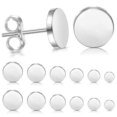 Imagem de ONESING 6 pares de brincos de prata masculinos de aço inoxidável hipoalergênicos redondos prateados para vários piercings 18G/3mm 4mm 5mm 6mm 7mm 8mm