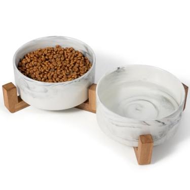 Imagem de Conjunto de tigelas para cães com suporte de madeira, tigelas de cerâmica de 1,7 xícara para cães pequenos, conjunto de tigelas de água com peso para cães e gatos