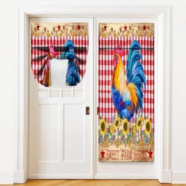 Imagem de Cortinas de porta para janelas de porta, vintage fazenda treliça girassol planta flor galo animal cortinas para porta de vidro francês, cortinas coloridas de casa de fazenda pequenas cortinas de
