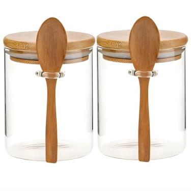 Imagem de Conjunto de Potes de Vidro Hermético, com Tampa de Bambu 2 Peças Transparente 8,5 cm com Colher para Armazenamento de Alimentos e Organização de Cozinha Lavanderia Area Gourmet Premium