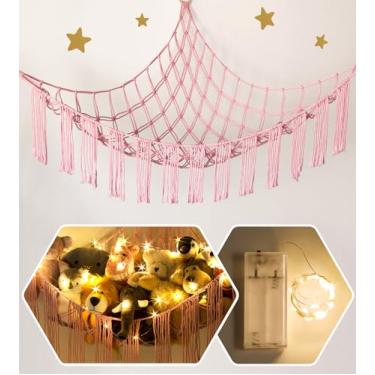 Imagem de Rede de canto para animais de pelúcia com luz de LED - Suporte de armazenamento de brinquedos - Decoração de quarto fofa rosa para meninas adolescentes - Material estético de quarto fofo para bebês de