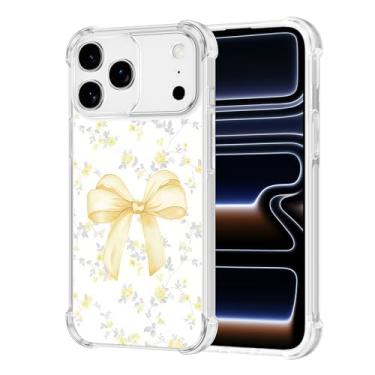 Imagem de Vulfwela Capa para iPhone 17 Pro Max de 16,9 cm com laço amarelo, capa de telefone transparente com estampa de flores românticas e modernas para mulheres e meninas, antiamarelamento, antiqueda, à