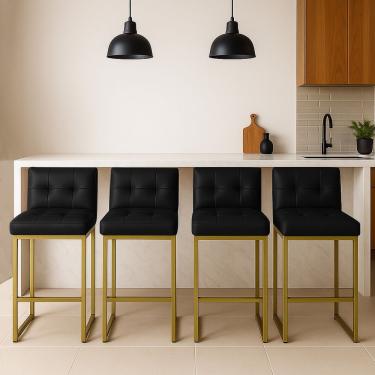 Imagem de Banqueta Cozinha Alta Com Encosto Industrial Kit 4 Dourado Lirina Pu Preto C05 - D'rossi