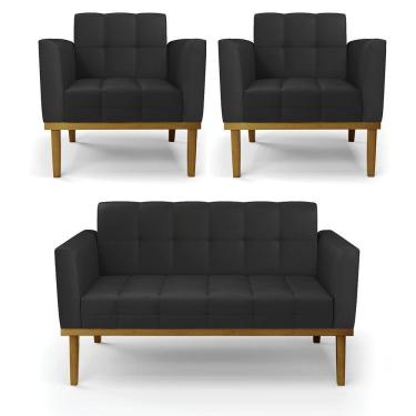 Imagem de Conjunto 2 Poltronas E 1 Namoradeira Decorativa Karen Pés Fixo Em Madeira Castanho Pu Preto G19 - Gran Belo