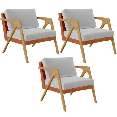 Imagem de Kit 03 Poltronas Pietra L02 Couríssimo Camel Linho Cinza