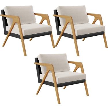 Imagem de Kit 03 Poltronas Pietra L02 Couríssimo Preto Linho Cru