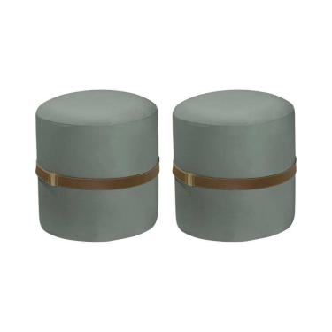 Imagem de Kit 2 Puffs Decorativos Redondo Old Com Cinto Estofado Veludo Cinza