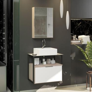 Imagem de Conjunto Gabinete Urbe 60cm Madeirado Branco Tampo Branco Cuba Branca