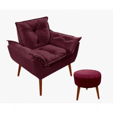 Imagem de Kit C-01 Poltrona Opala + 01 Puff Redondo Danny Suede Bordô