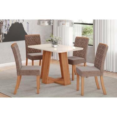 Imagem de Conjunto Mesa De Cozinha Lins Com Tampo Madeirado Com Vidro Curvo 120x80cm E 4 Cadeiras Esther Nature Linho Cacao Henn