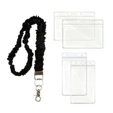 Imagem de hhdatc Cordão preto Scrunchie para crachás de identificação, cordão retrátil de pescoço de professor com suporte de identidade, porta-chaves, cordão de pulso elástico para mulheres