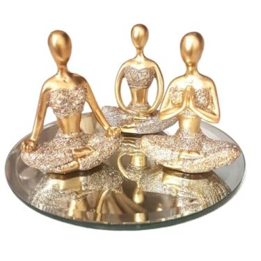 Imagem de Decoração Sala Objetos Kit, Com 3 EstáTuas Enfeite Decorativo Meditação Posições de Yoga 6cm + Bandeja Espelhada(Dourado + Bandeja Espelhada,SEM ESPELHO)