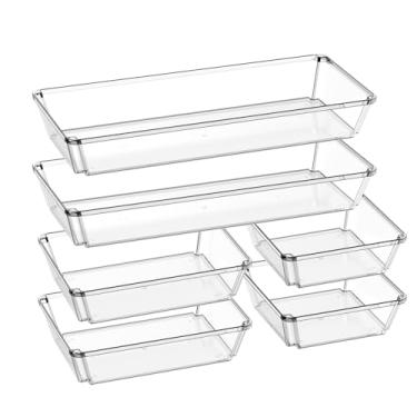 Imagem de JOLLYIN Pacote com 6 bandejas organizadoras de gaveta de plástico transparente, organizadores de gaveta e divisórias de armazenamento, caixas de armazenamento antiderrapantes para joias, lanches,