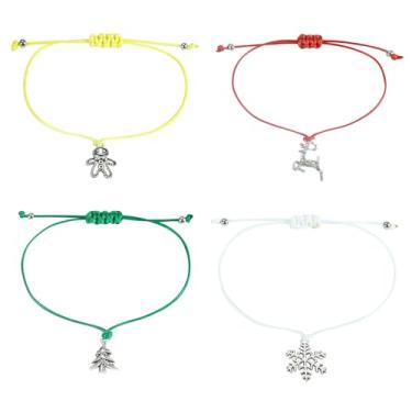 Imagem de Cykdohy Conjunto de 4 peças de pulseiras femininas vintage, árvore de Natal, alce, floco de neve, pingente, homem de gengibre, corda trançada ajustável, feita à mão, para casais, amizade, presente de
