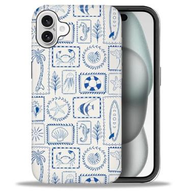Imagem de Flivro Capa para iPhone 16 Plus, capa rígida de policarbonato e amortecedor interno de silicone, antiarranhões, à prova de impacto, design fino - carimbos conchas azuis verão
