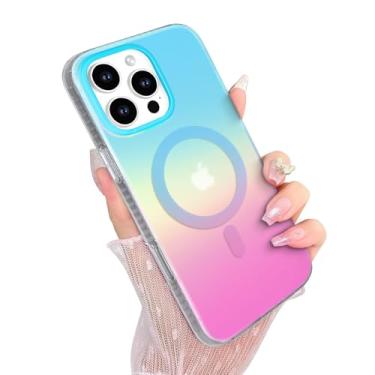 Imagem de Amzfield Capa magnética para iPhone 16 Pro Max, compatível com MagSafe Capa de telefone com estampa de gradiente colorido fosco iridescente fosco à prova de choque para mulheres meninas azul e rosa