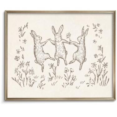 Imagem de Vodefoad Desenho de coelhinhos vintage arte de parede retrô berçário coelhinhos dançantes impressão de arte neutro Cottagecore decoração de berçário casa de fazenda rústica coelho decoração de parede