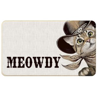 Imagem de WARDOS Meowdy Tapete de porta de gato, capacho vintage de gato caubói ocidental para entrada interna e externa, chapéu de caubói, tapete de boas-vindas para gatos, tapetes de banho para gatinhos