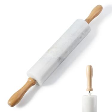 Imagem de Koville Rolo de massa de mármore branco com alças de madeira e suporte de madeira, 45 cm de mármore polido para fazer massa de pizza, rolo de massa para crosta de torta, biscoito, macarrão, alças