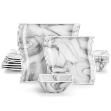 Imagem de MALACASA Conjuntos de louça, conjuntos de pratos e tigelas de porcelana de 12 peças, conjunto de louça quadrada com pratos de jantar, pratos e tigelas de sobremesa, conjunto de pratos cinza mármore