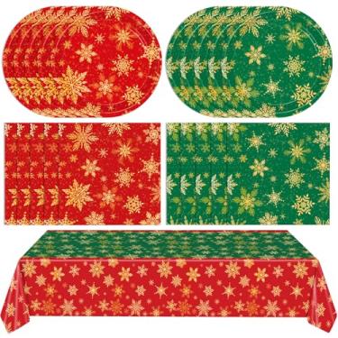 Imagem de Conjunto de 41 peças de pratos e guardanapos de papel de Natal, conjunto de louça descartável de floco de neve vermelho e verde, incluindo pratos de sobremesa, guardanapos, toalha de mesa para Natal
