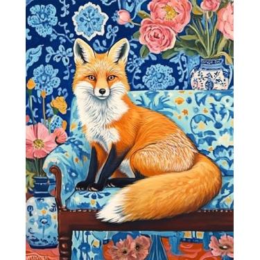 Imagem de WUIVCTR Pintura de sofá azul raposa no sofá por números para adultos iniciantes flores DIY pintura em tela com pincéis tintas acrílicas para decoração de sala de estar 40 x 50 centímetros (sem moldura