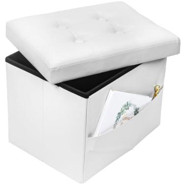 Imagem de Bsketa Banco de descanso para os pés otomano de armazenamento, pequeno banco de couro para otomanos, banquinho dobrável com bolsos laterais, descanso para os pés sob a mesa para sala de estar, quarto