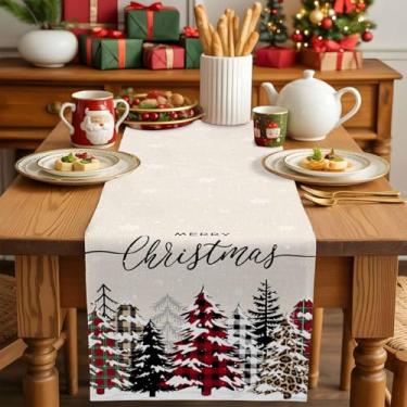 Imagem de Árvore de Natal Feliz caminho de mesa de Natal xadrez corredores de floco de neve para mesas de jantar corredor de jantar cozinha decoração de mesa de festa 33 x 182 cm