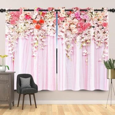 Imagem de Laeacco Cortinas blecaute florais rosa flores de casamento cortinas de parede cortinas de janela escurecendo quarto com ilhós para casa escritório quarto sala de estar sala de jantar decoração 132 x