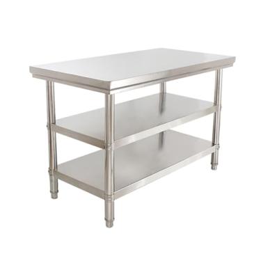 Imagem de Mesa de aço inoxidável para preparação e trabalho, mesa de trabalho de cozinha, 2 mesas de estação de trabalho utilitária embaixo da prateleira para garagem, casa, armazém e cozinha (90 x 60 x 80 cm)