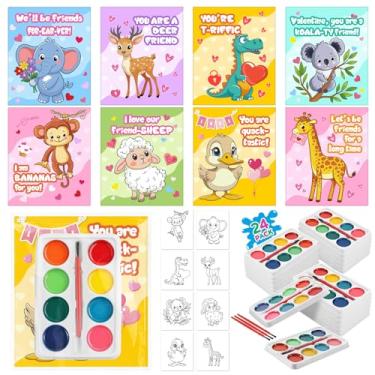 Imagem de Saypacck 24 Packs Watercolor Valentines Set Valentines Day Gifts Watercolor Paint Sets with Animal Cards for Toddlers Kids School Classroom Prize Class Exchanges Gift Art Party Favors