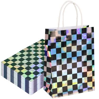Imagem de W WINTMING 20 peças de sacos iridescentes para lembrancinhas de festa, preto e branco, sacos de presente quadriculados reutilizáveis a laser xadrez, saco de papel holográfico com alças para carro de