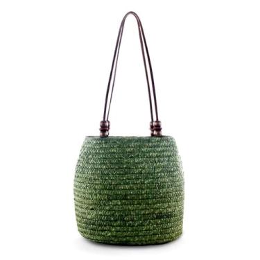 Imagem de QTKJ Bolsa feminina retrô de palha de vime feita à mão, bolsa de ombro com contas marrons (verde)