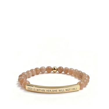 Imagem de Yuanyora Pulseira inspiradora de contas de pedra natural com barra de ouro, citação God is within her, pulseira elástica de cristal de quartzo rosa, Stretch, Elástico, Sem Pedra Preciosa