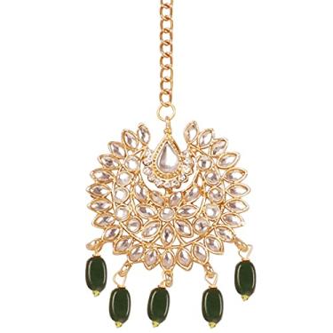 Imagem de Touchstone New Contemporary Kundan Collection Indian Bollywood Mughal Floral Kundan Look Faux Pearl Beads Broad Bridal Jewelry Maangtika e Jhumar em tom dourado para mulheres