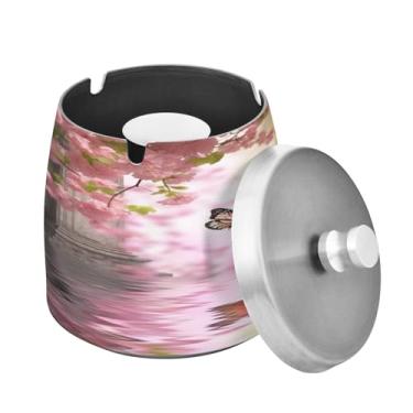 Imagem de Blueangle Cinzeiro de borboleta e flores com tampa para cigarros, à prova de vento/chuva, aço inoxidável, sem fumaça, inodoro, cinzeiro para uso interno ou externo (368)