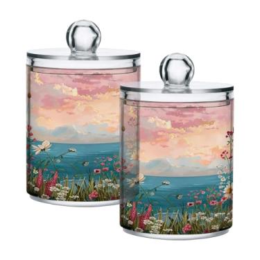 Imagem de ATTX Dispensador de suporte Qtip Wildflowers para bola de algodão, cotonete, frasco de boticário de plástico transparente, decoração de casa, pote de armazenamento de cozinha, pacote com 2 (422)