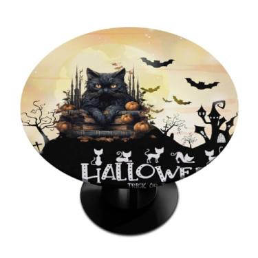 Imagem de hongjinglin Toalha de mesa redonda redonda com borda elástica gato preto Halloween toalha de mesa redonda limpa para ambientes internos e externos, pátio, jantar, cozinha, festival, decoração para
