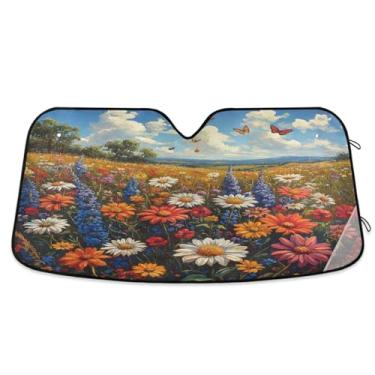 Imagem de ATTX Pára-brisas de carro colorido flores silvestres prado para-sol 139.7 cm x 70.1 cm protetor solar universal com proteção UV, persiana de janela frontal automática dobrável para caminhões Sedans