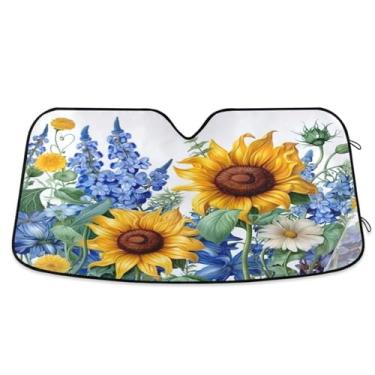 Imagem de ATTX Sunflowers Bluebells Para-brisa de carro 144.8 cm x 80.0 cm Protetor solar universal com proteção UV, persiana de janela frontal automática dobrável para Sedans SUVs caminhões #64