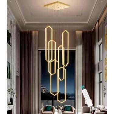 Imagem de Lustre moderno de LED para escada, luminária pendente grande em alumínio com formato geométrico, ideal para mesa de jantar, com intensidade regulável e altura ajustável. Perfeito para salas