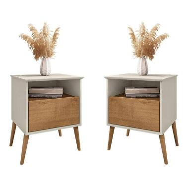 Imagem de Kit 2 Mesa De Cabeceira Cancun 1 Gaveta Pés Madeira Maciça Off White-naturale